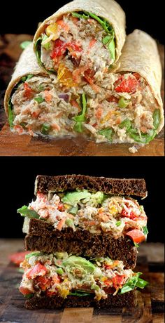 there is a sandwich cut in half and stacked on top of each other with different toppings