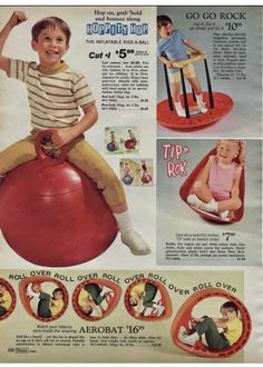 an advertisement for aerobat toys featuring a boy sitting on top of a red ball