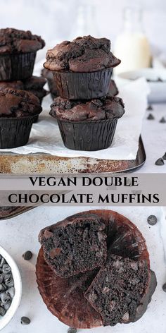 vegan double chocolate muffins are stacked on top of each other with one bite taken out