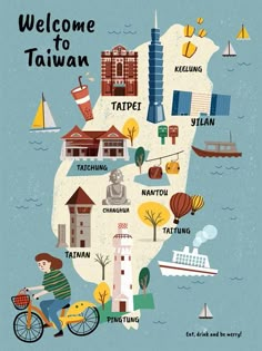 an illustrated map of taiwan with people riding bikes and boats in the water, including buildings