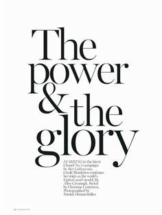 an advertisement for the power and the glory magazine, with black lettering on white paper