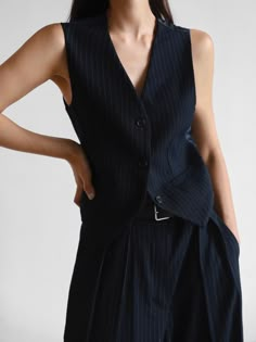 Pinstripe Vest For Work, Business Vest With Pockets And V-neck, Tailored Pinstripe Business Vest, Tailored Pinstripe Vest For Business, Spring Workwear Vest With Vertical Stripes, Classic Striped Vest For Work, Vest Outfits For Women, Tailored Vest, Striped Vests