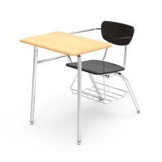 a desk with a chair on top of it