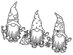 three cartoon gnomes walking down the street