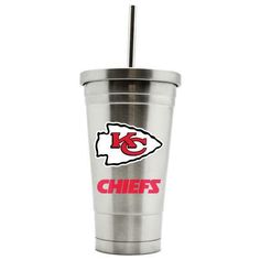 a stainless steel tumbler cup with the kansas chiefs logo on it and a straw