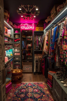 a walk in closet with lots of clothes and rugs