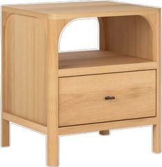 a wooden night stand with two drawers on one side and an open drawer on the other