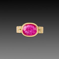 A juicy, rose cut ruby is wrapped in warm 18k gold, and accented with sparkling diamond trios set on the 5mm hammered band. This ring stacks beautifully with other bands in our collection, and would make a stunning engagement ring! Center setting measures approximately 1/2 inch x 5/8 inch. Matte finish. Yellow Gold Pink Sapphire Rings With Single Cut Diamonds, Oval Ruby Rings With Single Cut Diamonds, Ring Stacks, Hammered Band, Stunning Engagement Ring, Sparkling Diamond, Ruby Ring, Sparkle Diamonds, 22k Gold