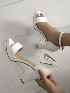 Free Returns ✓ Free Shipping✓. Women Minimalist Chunky Heeled Ankle Strap Sandals, Elegant Summer Heeled Sandals- Women Heeled Sandals at SHEIN. White Heels With Straps, Off White High Heels, White Heels Comfortable, Simple White Shoes, Štikle Za Vjencanje, Thick Heeled Shoes, White High Heels For Prom, Heels For White Dress, Formal White Shoes