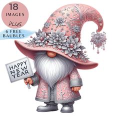 a cartoon gnome holding a happy new year sign and wearing a pink hat with flowers on it