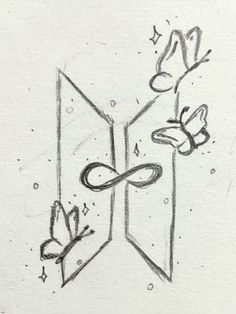 a drawing of an open door with a bow and butterfly on the side, in black ink