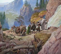 an oil painting of people and animals on a rocky mountain trail with waterfall in the background