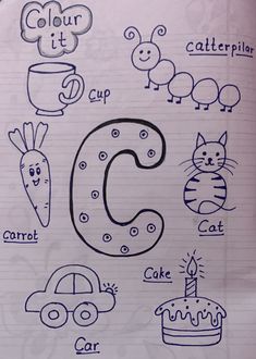 the letter c is for caterpillar and other letters are drawn on lined paper