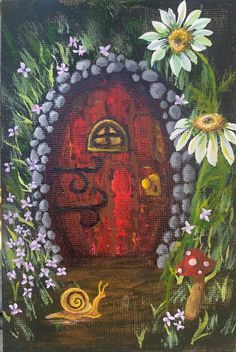 a painting of a red door surrounded by flowers and plants with snails in the foreground