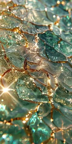 the water is reflecting sunlight on it's glass and has many small bubbles in it