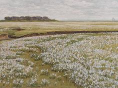 an oil painting of flowers in a field with a hill in the distance behind it