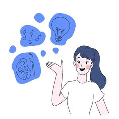 a woman with blue hair is looking at lightbulbs and question marks above her head