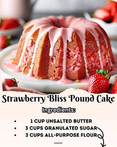 strawberry bliss pound cake with icing on a plate