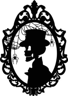 a black and white silhouette of a woman in a frame with spider webs on it