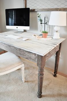 a desk with a computer on top of it