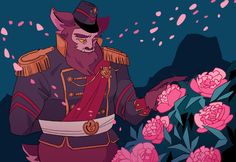 an animated image of a man in uniform holding onto some pink flowers and looking at the ground