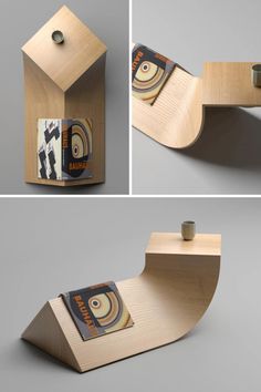 three different views of a wooden shelf with magazine holders on the top and below it