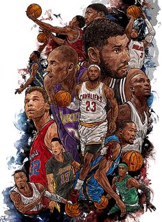 an image of the basketball players in different colors and sizes on a white background with watercolor splashes