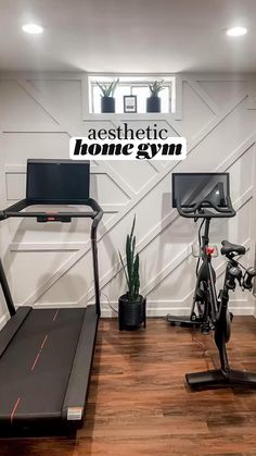 a home gym with treadmill and exercise bike