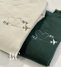 Discover our customizable sweatshirt featuring an embroidered airplane with a heart, perfect for commemorating special journeys. Personalize with two destinations, making it an ideal gift for going away to college, celebrating long-distance friendships or remembering travel adventures. This unique, embroidered, minimalist design will keep your cherished memories close to your heart.   ❥ Sweatshirt Details: * Crewnecks and hoodies are ADULT, UNISEX Gildan sweatshirts * 50% cotton/50% polyester * Airplane Embroidery Design, Long Distance Friendship Gift Ideas, Long Distance Gifts For Him, Embroidered Airplane, Friends Distance, Heart Minimalist, Travel Sweatshirt, Shirts Embroidery, Aesthetic Airport