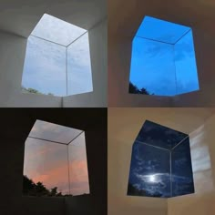 four different views of an empty room with the sky reflected in it's windows