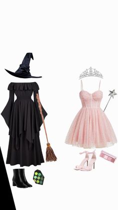 a woman in a pink dress and black hat is dressed up as a witch with a broom