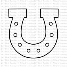 a black and white drawing of a horseshoe with dots on the bottom, in front of a