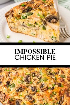 two plates with different types of food on them and the words impossible chicken pie above it