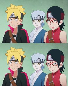 two anime characters, one with glasses and the other with short hair in different poses