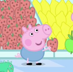 peppa the pig is standing in front of some strawberries and other fruit items