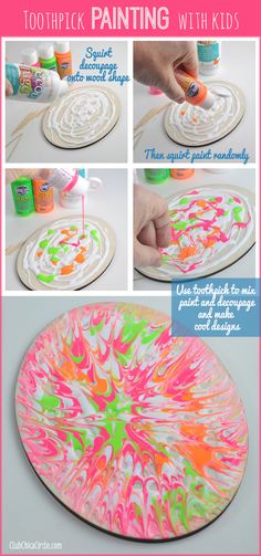 the instructions for how to make an art project with paint on paper plates and glue