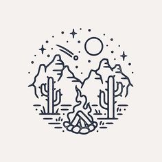 a line drawing of a campfire in the desert with mountains and stars around it