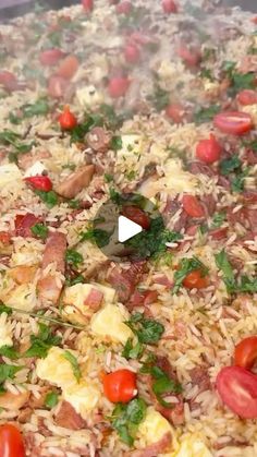 a pan filled with rice, tomatoes and meat