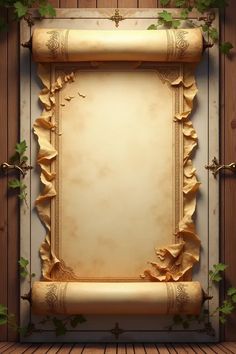 an old photo frame with ivy growing around it on a wooden floor in front of a wall