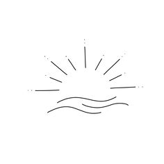 a black and white line drawing of the sun rising over water with waves on it