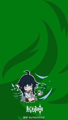 an anime character with black hair and green eyes, sitting in the middle of water