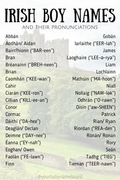 the irish boy names and their meanings are shown in this printable poster for children's room