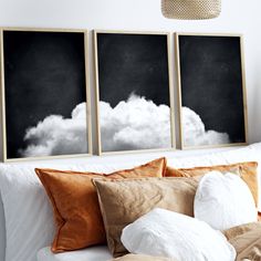 Black And White Cloud Wall Art Prints - Set Of 3 Emerald Green Decor, Painting Above Bed, Cloud Poster, Bed Wall Decor, Cloud Wall, Art Above Bed, Cloud Print, Yellow Wall Art, Bedroom Artwork