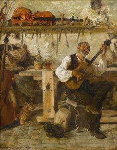 a painting of a man playing the guitar