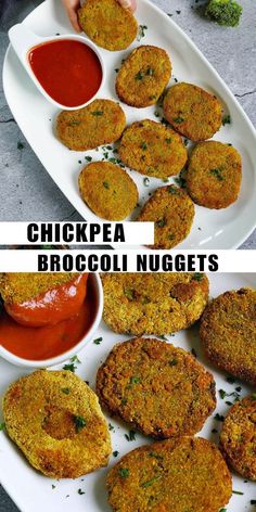 chicken patties with broccoli nuggets and ketchup on the side