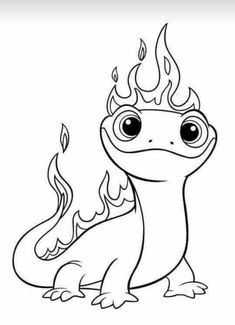 a drawing of a dragon with flames on it's head and eyes, sitting in front of a white background