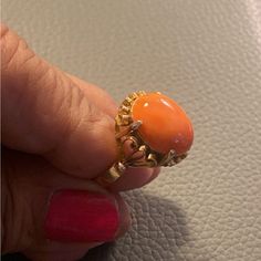 Beautiful 18k Gold Coral Ring Marked 18k Size 6.5 Yellow Gold Oval Cabochon Rings For Formal Occasions, Formal Yellow Gold Oval Cabochon Rings, High Luster Oval Ring In 14k Gold, High Luster 14k Gold Oval Rings, High Luster Yellow Gold 14k Ring, Exquisite Yellow Gold Collectible Rings, Orange Oval Cabochon Jewelry For Formal Occasions, Formal Orange Oval Cabochon Jewelry, Exquisite Yellow Gold Hallmarked Rings