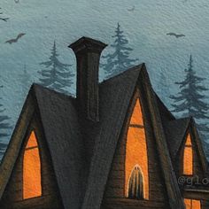 a painting of a house at night with bats flying around it and trees in the background