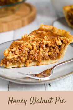 a slice of pecan pie on a plate with a fork and bowl in the background