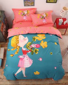 a bed with a pink and blue comforter has a cartoon girl holding a flower in her hand